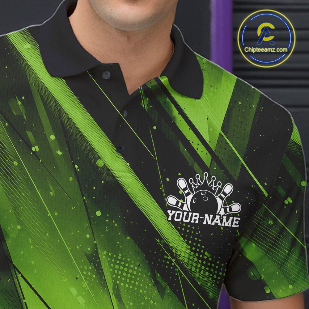 Green and black bowling shirt with a logo and 'Your Name' text, brand 'Chipleemz' visible.