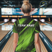 Load image into Gallery viewer, Person wearing a green and black bowling shirt with 'TEAM NAME' text in a bowling alley.
