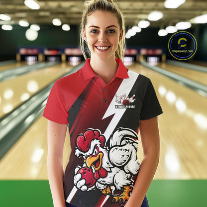 Custom Black And Red Funny Bold Confident Chicken Bowling Shirt For Women, Bowling Jerseys IPHW11622