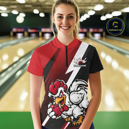 Custom Black And Red Funny Bold Confident Chicken Women Bowling Shirt, Bowling Jerseys IPHW11622