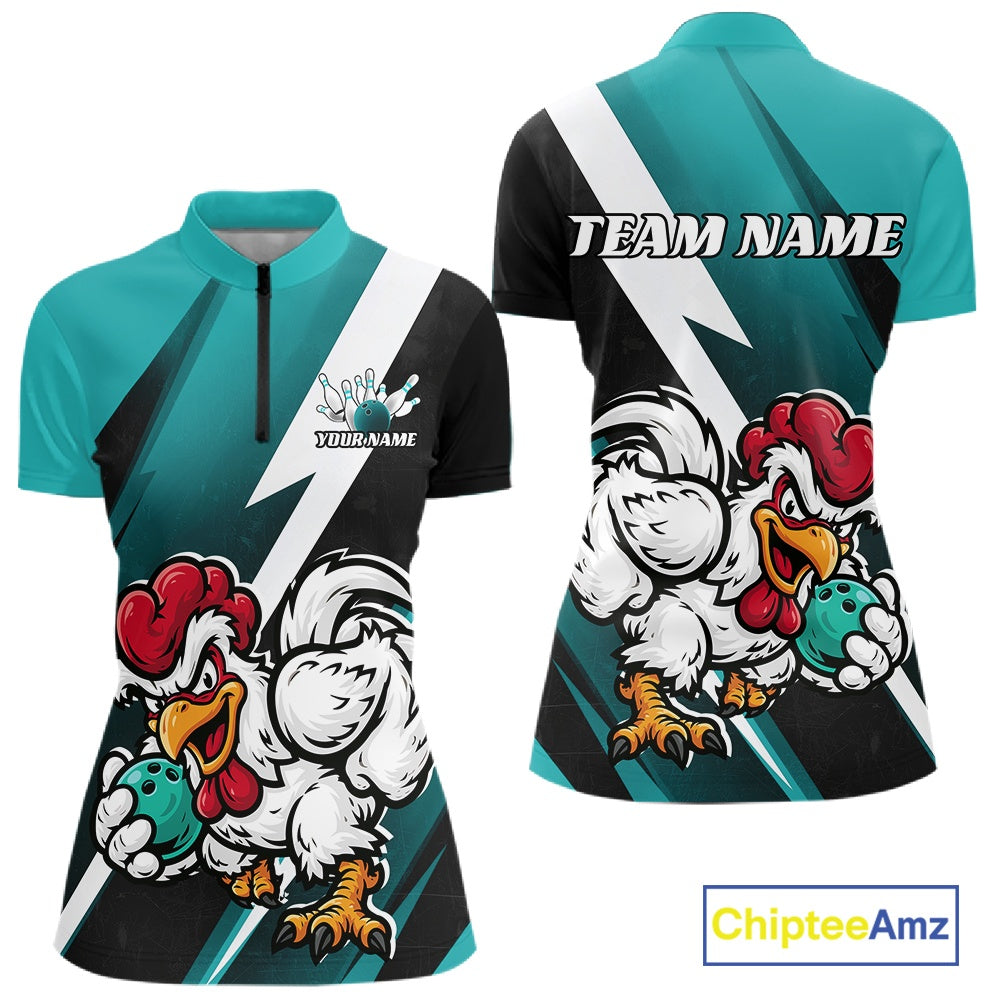 Custom Teal Blue Funny Bold Confident Chicken Bowling Shirt For Women, Bowling Jerseys IPHW11623