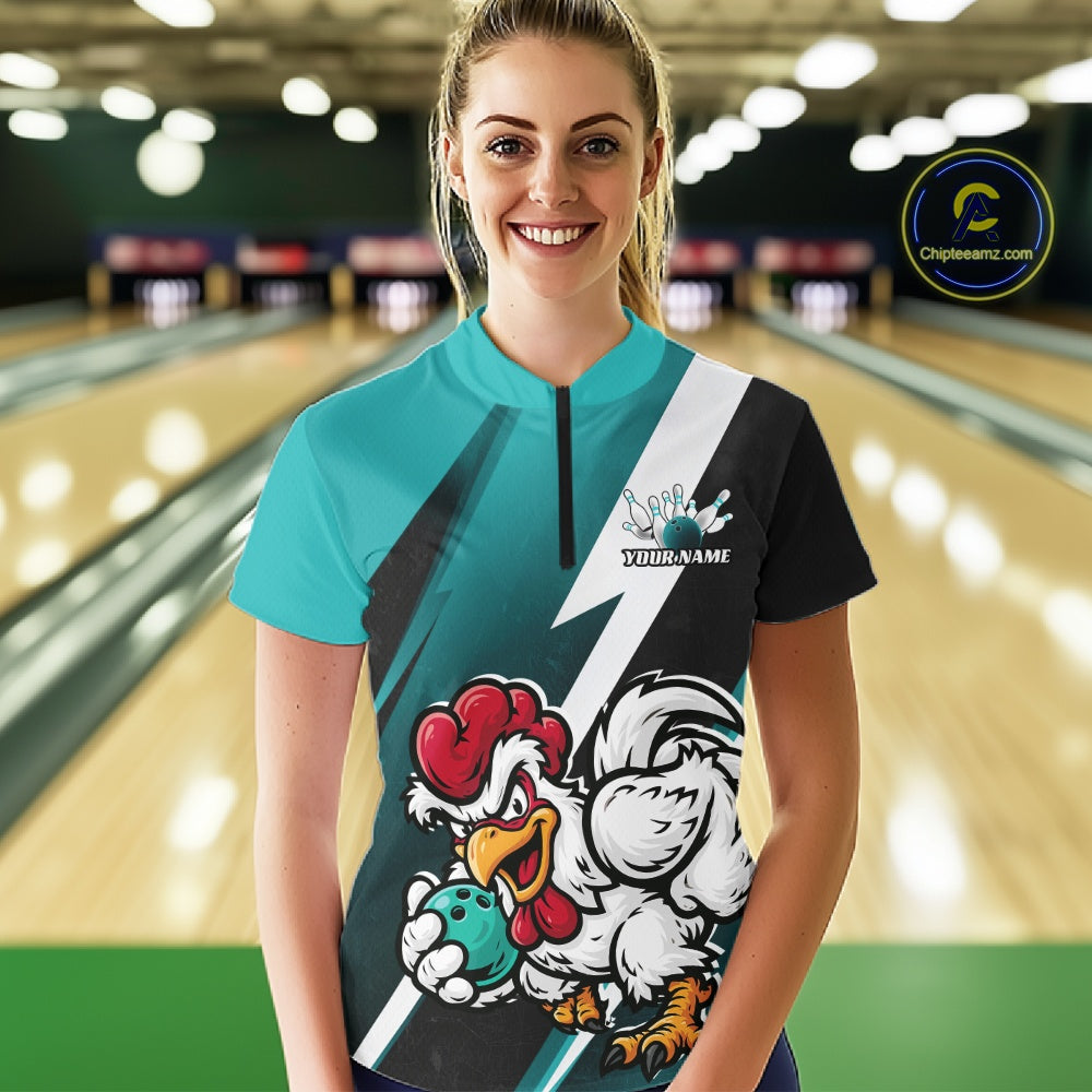 Custom Teal Blue Funny Bold Confident Chicken Bowling Shirt For Women, Bowling Jerseys IPHW11623