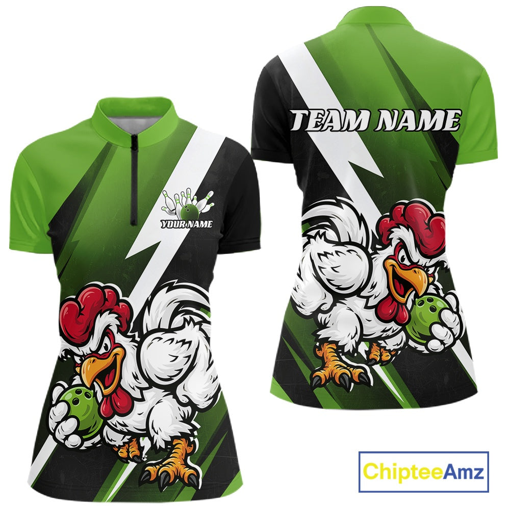 Custom Green Funny Bold Confident Chicken Bowling Shirt For Women, Bowling Jerseys IPHW11624
