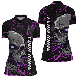 Custom Purple And Pink Halloween Skull Bowling Shirts For Women, Outfit Bowling For Team IPHW7094