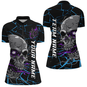 Custom Blue And Purple Halloween Skull Bowling Shirts For Women, Outfit Bowling For Team IPHW7095