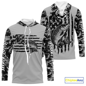 Custom Gray Camo US Flag Patriotic Carp Fishing Long Sleeve Hooded Tournament Fishing Shirts IPHW9670