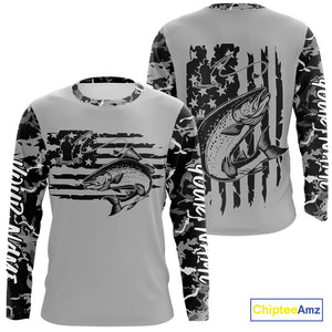 Custom Gray Camo US Flag Patriotic Salmon Fishing Long Sleeve Tournament Fishing Shirts IPHW9672