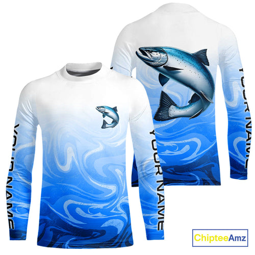 Blue Camo Chinook Salmon Fishing Custom Kid Long Sleeve Shirts, Salmon Saltwater Fishing Apparel IPHW9677