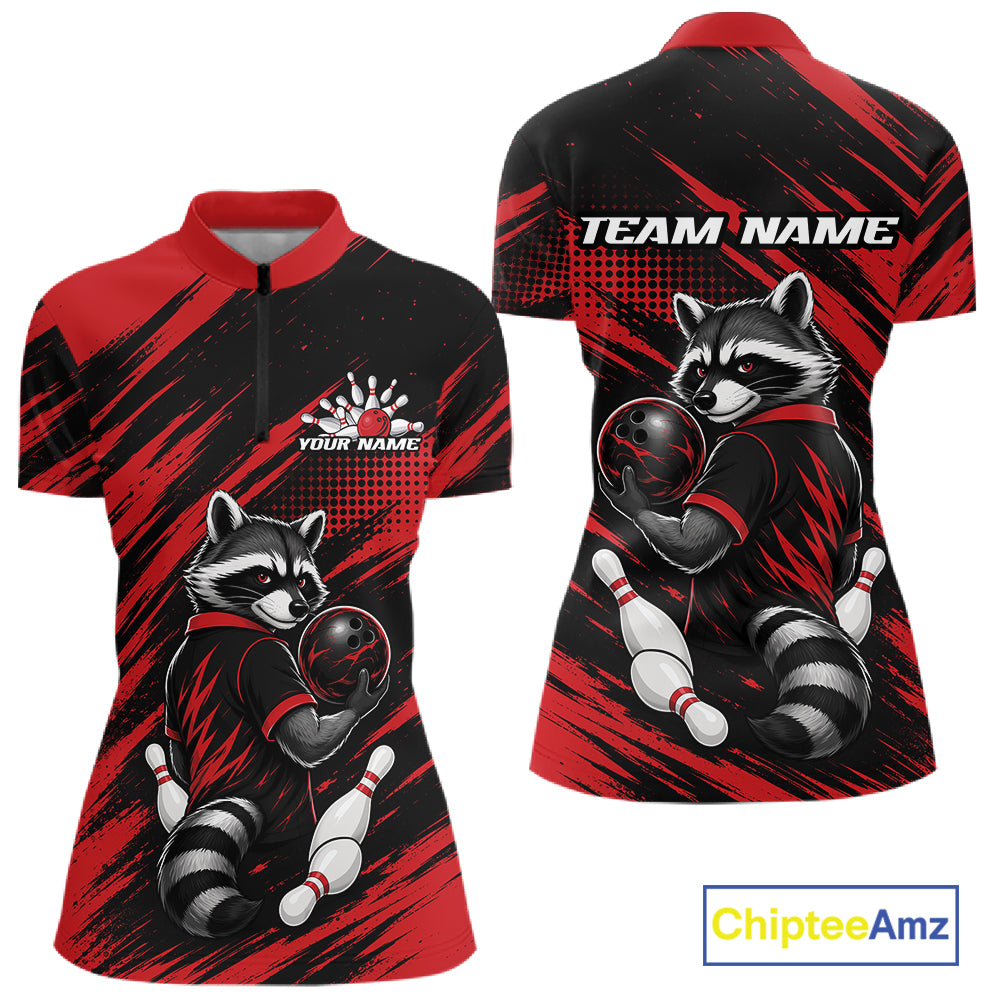 Front and back views of a short-sleeve polo shirt featuring a raccoon bowling graphic on a black and red brush-stroke background. The front has a quarter zip  collar, a raccoon graphic with bowling pins and a custom name patch, and the back has 'TEAM NAME' text.