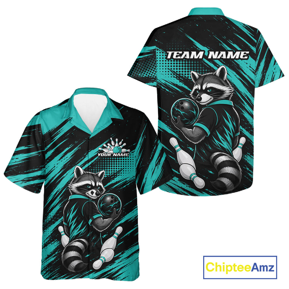 Front and back views of a short-sleeve bowling button up shirt by ChipteeAmz. The shirt features a raccoon bowling graphic on a black and teal abstract brushstroke background, with customizable text areas