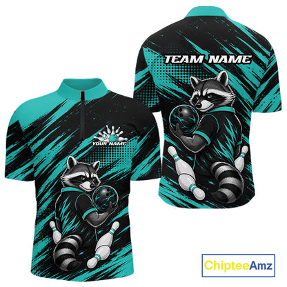 Front and back views of a short-sleeve quarter-zip cycling jersey featuring a raccoon bowling graphic on a black and teal abstract background. The front shows a small white chest logo with placeholder text, and the back displays 'TEAM NAME' in white.