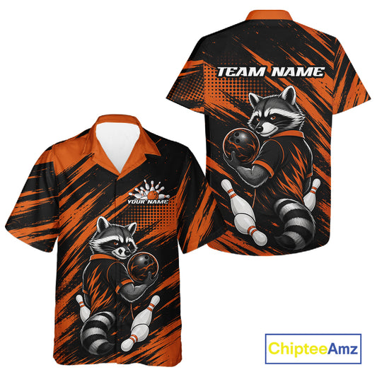 Front and back views of a short-sleeve bowling button up shirt with a raccoon graphic, orange and black brushstroke pattern, and customizable text placeholders, shown on a white background with a ChipteeAmz logo.