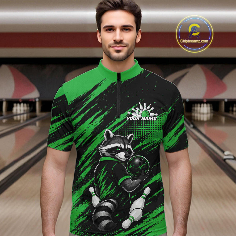 Custom Black And Green Cool Looking Raccoon Bowling Jersey, Funny Bowling Men Quarter Zip Shirt IPHW11864