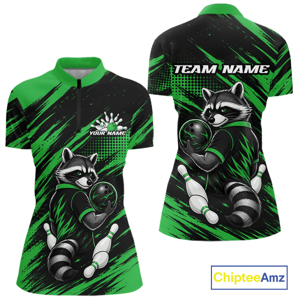 Front and back views of a women's short-sleeve bowling-themed polo shirt. The design features a raccoon holding a bowling ball and pins on a black and bright green brush-stroke background, with 'TEAM NAME' and 'YOUR NAME' placeholder text on the back and chest respectively.