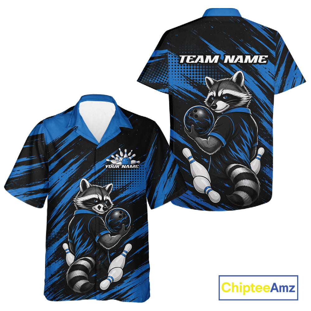 Custom Black And Blue Cool Looking Raccoon Bowling Jersey, Funny Bowling Men And Women Button Up Shirt IPHW11865