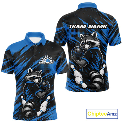 Custom short-sleeve polo shirt shown from the front and back, featuring a raccoon bowling graphic on a black and blue abstract background. The front has a custom name and logo area, and the back has a larger raccoon graphic and 'TEAM NAME' text.