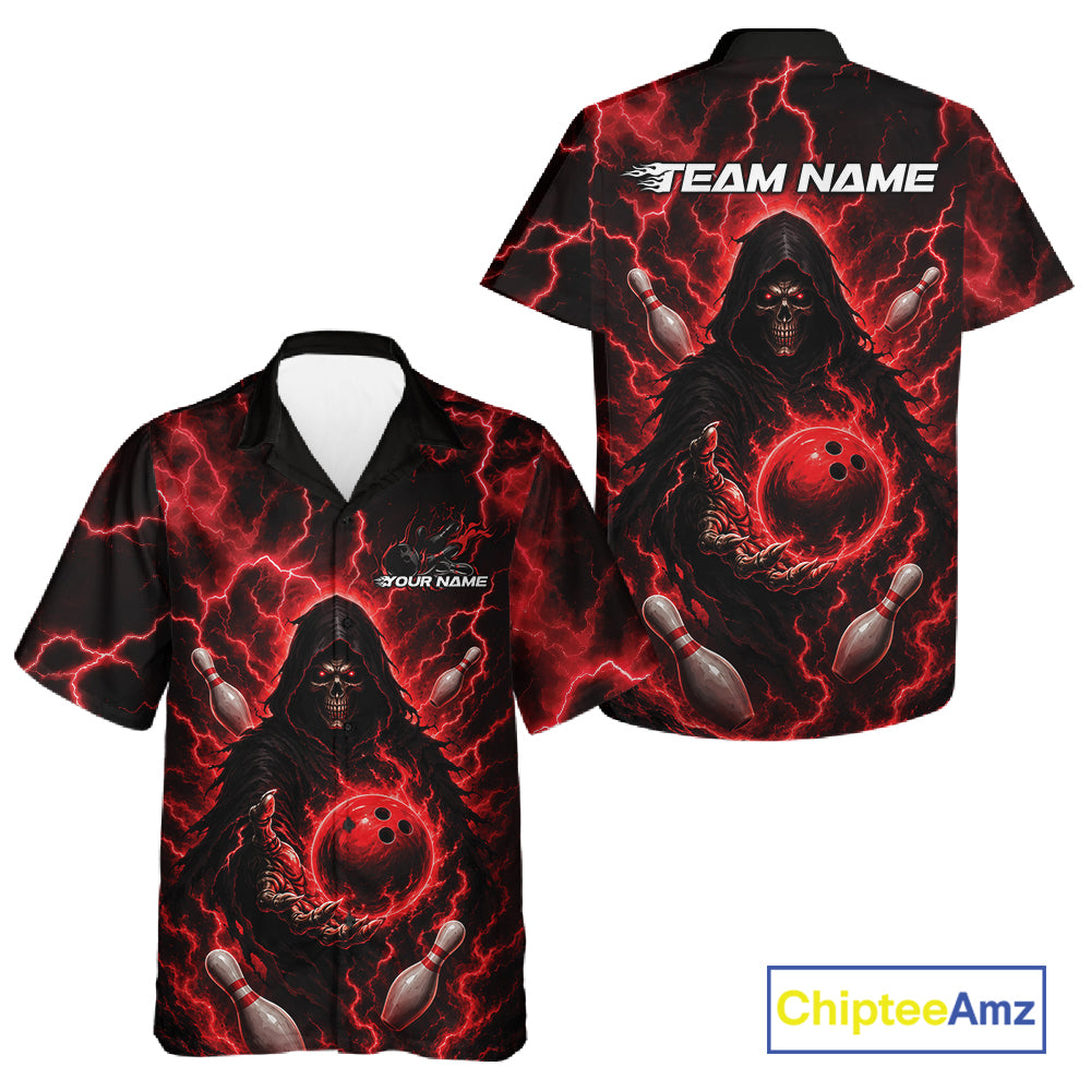 Custom Red Lightning Grim Reaper Bowling Men And Women Button Up Shirt, Halloween Bowler Outfit IPHW11884