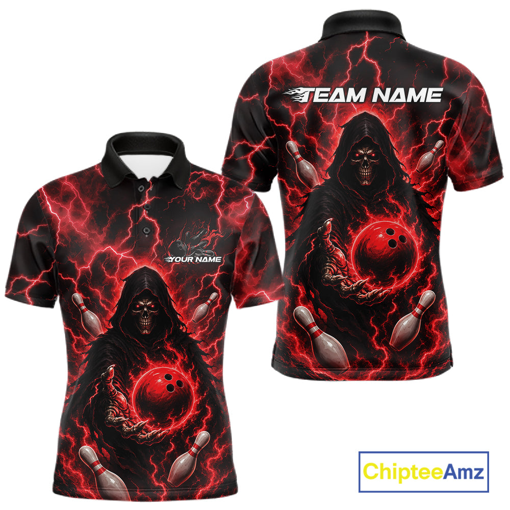 Custom Red Lightning Grim Reaper Bowling Men Polo Shirt, Halloween Bowler Outfit IPHW11884