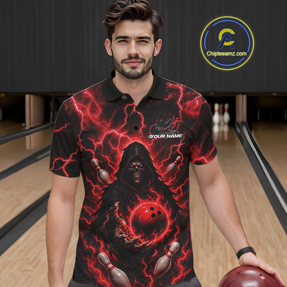 Custom Red Lightning Grim Reaper Bowling Men Polo Shirt, Halloween Bowler Outfit IPHW11884