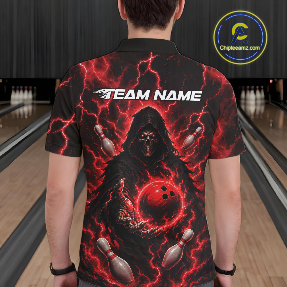 Custom Red Lightning Grim Reaper Bowling Men Polo Shirt, Halloween Bowler Outfit IPHW11884
