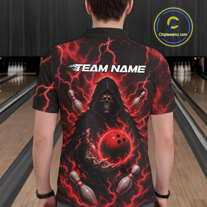 Custom Red Lightning Grim Reaper Bowling Men Polo Shirt, Halloween Bowler Outfit IPHW11884