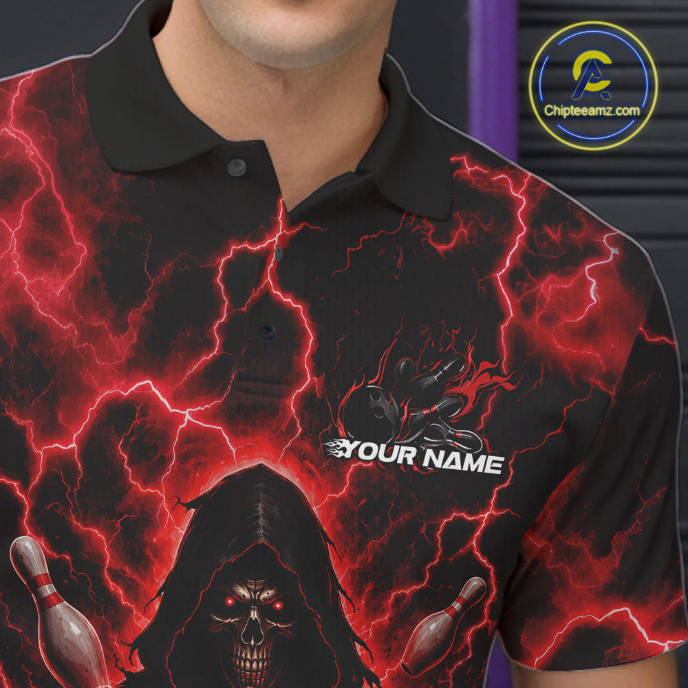 Custom Red Lightning Grim Reaper Bowling Men Polo Shirt, Halloween Bowler Outfit IPHW11884