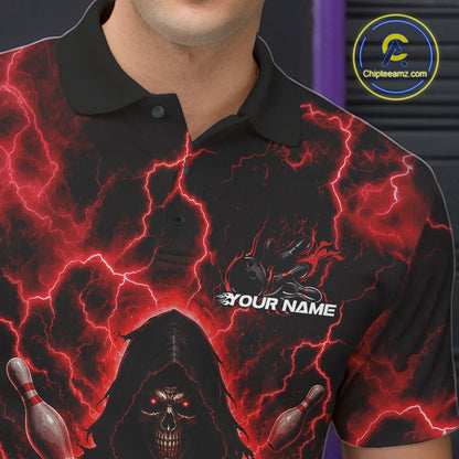 Custom Red Lightning Grim Reaper Bowling Men Polo Shirt, Halloween Bowler Outfit IPHW11884