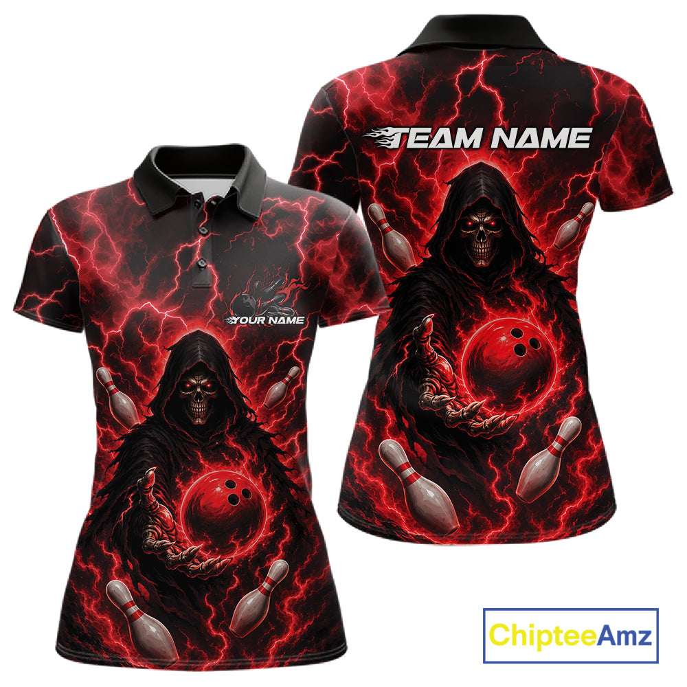 Custom Red Lightning Grim Reaper Bowling Women Polo Shirt, Halloween Bowler Outfit IPHW11884