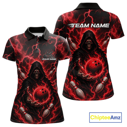 Custom Red Lightning Grim Reaper Bowling Women Polo Shirt, Halloween Bowler Outfit IPHW11884