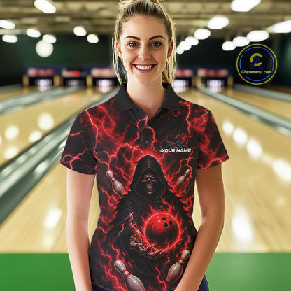 Custom Red Lightning Grim Reaper Bowling Women Polo Shirt, Halloween Bowler Outfit IPHW11884