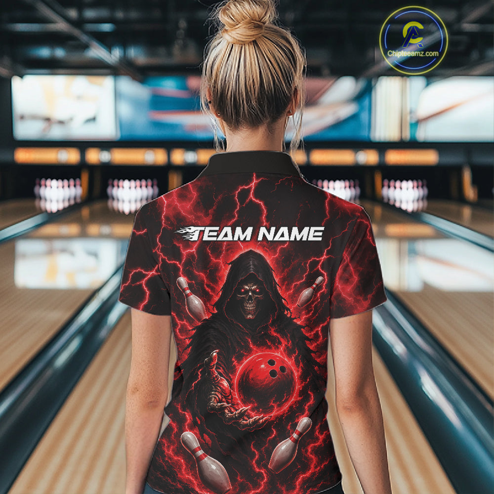 Custom Red Lightning Grim Reaper Bowling Women Polo Shirt, Halloween Bowler Outfit IPHW11884
