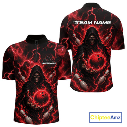 Custom Red Lightning Grim Reaper Bowling Men Quarter Zip Shirt, Halloween Bowler Outfit IPHW11884
