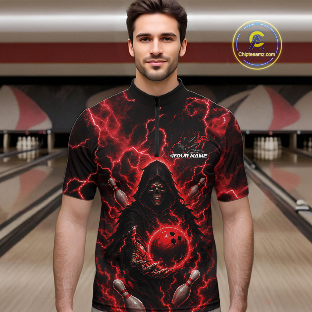 Custom Red Lightning Grim Reaper Bowling Men Quarter Zip Shirt, Halloween Bowler Outfit IPHW11884