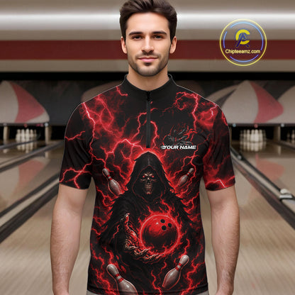 Custom Red Lightning Grim Reaper Bowling Men Quarter Zip Shirt, Halloween Bowler Outfit IPHW11884