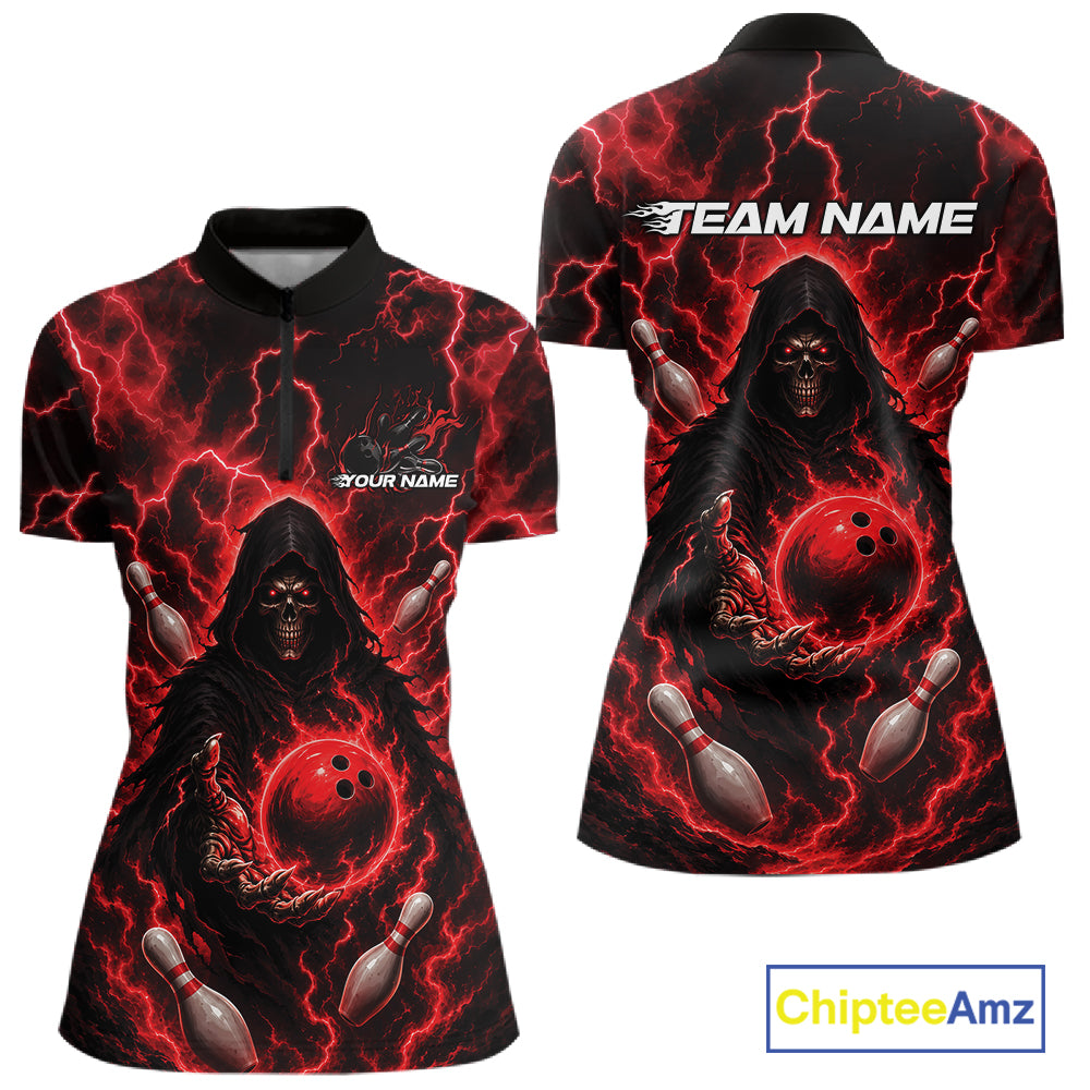 Custom Red Lightning Grim Reaper Bowling Women Quarter-Zip Shirt, Halloween Outfit IPHW11884