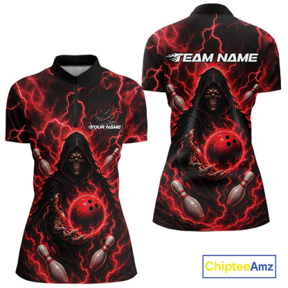 Custom Red Lightning Grim Reaper Bowling Women Quarter-Zip Shirt, Halloween Outfit IPHW11884