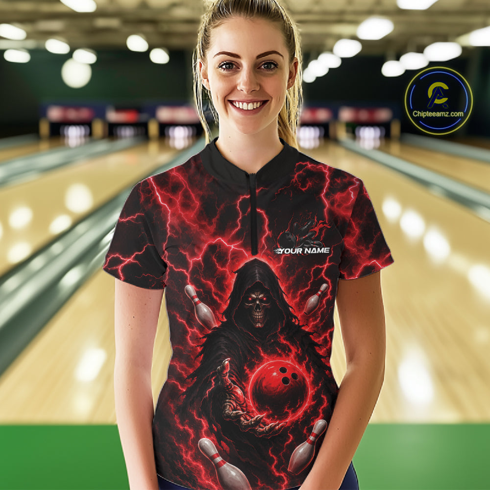 Custom Red Lightning Grim Reaper Bowling Women Quarter-Zip Shirt, Halloween Outfit IPHW11884