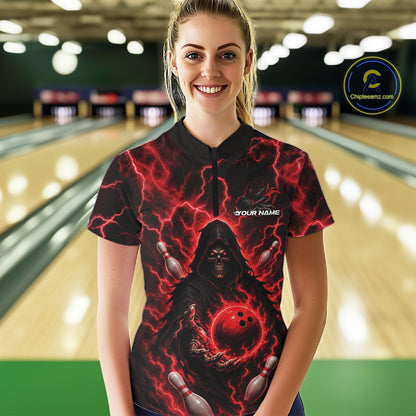 Custom Red Lightning Grim Reaper Bowling Women Quarter-Zip Shirt, Halloween Outfit IPHW11884