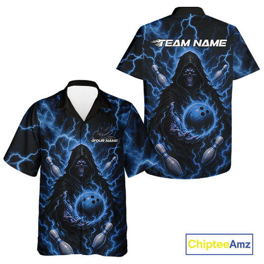 Custom Blue Lightning Grim Reaper Bowling Men And Women Button Up Shirt, Halloween Bowler Outfit IPHW11885