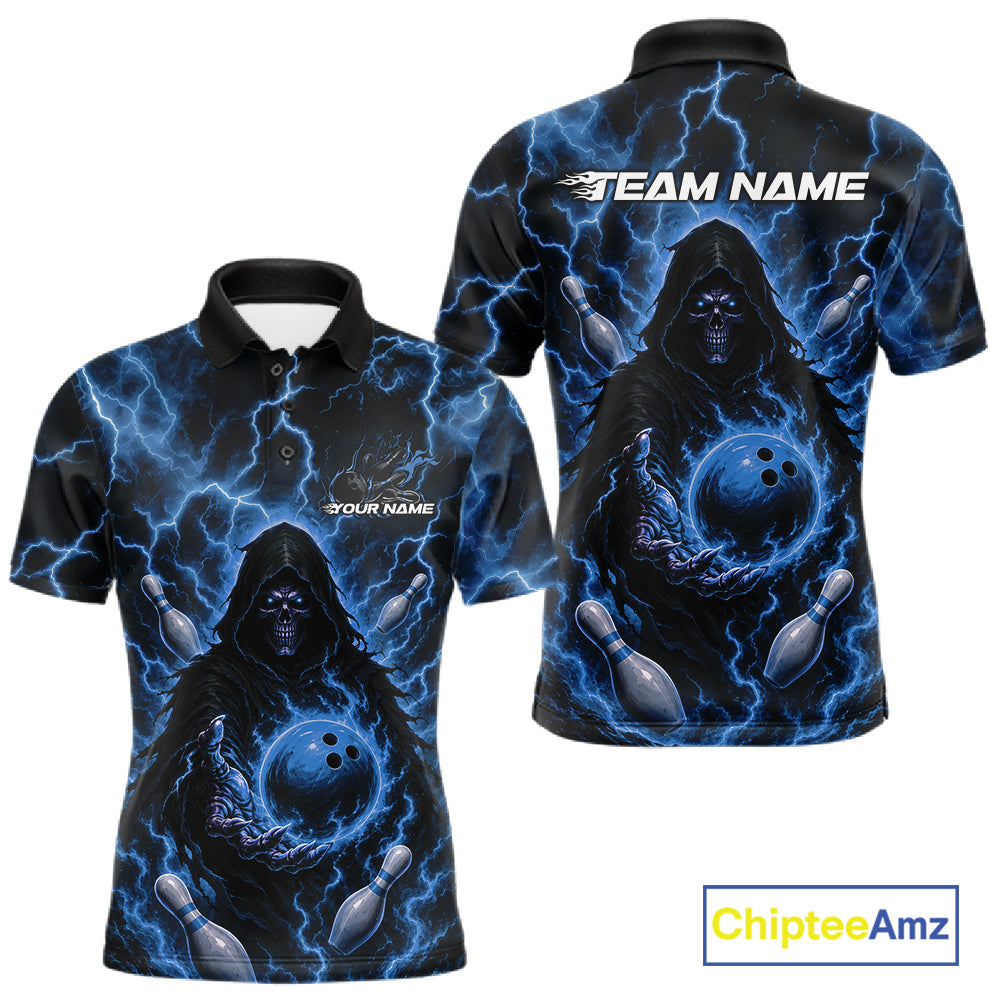 Custom Blue Lightning Grim Reaper Bowling Men Polo Shirt, Halloween Bowler Outfit IPHW11885