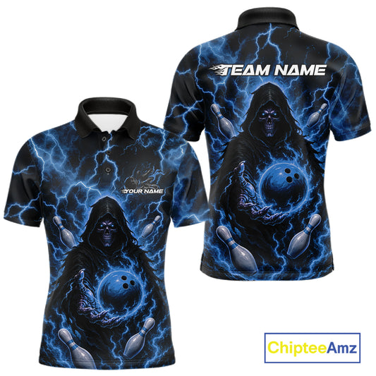 Custom Blue Lightning Grim Reaper Bowling Men Polo Shirt, Halloween Bowler Outfit IPHW11885