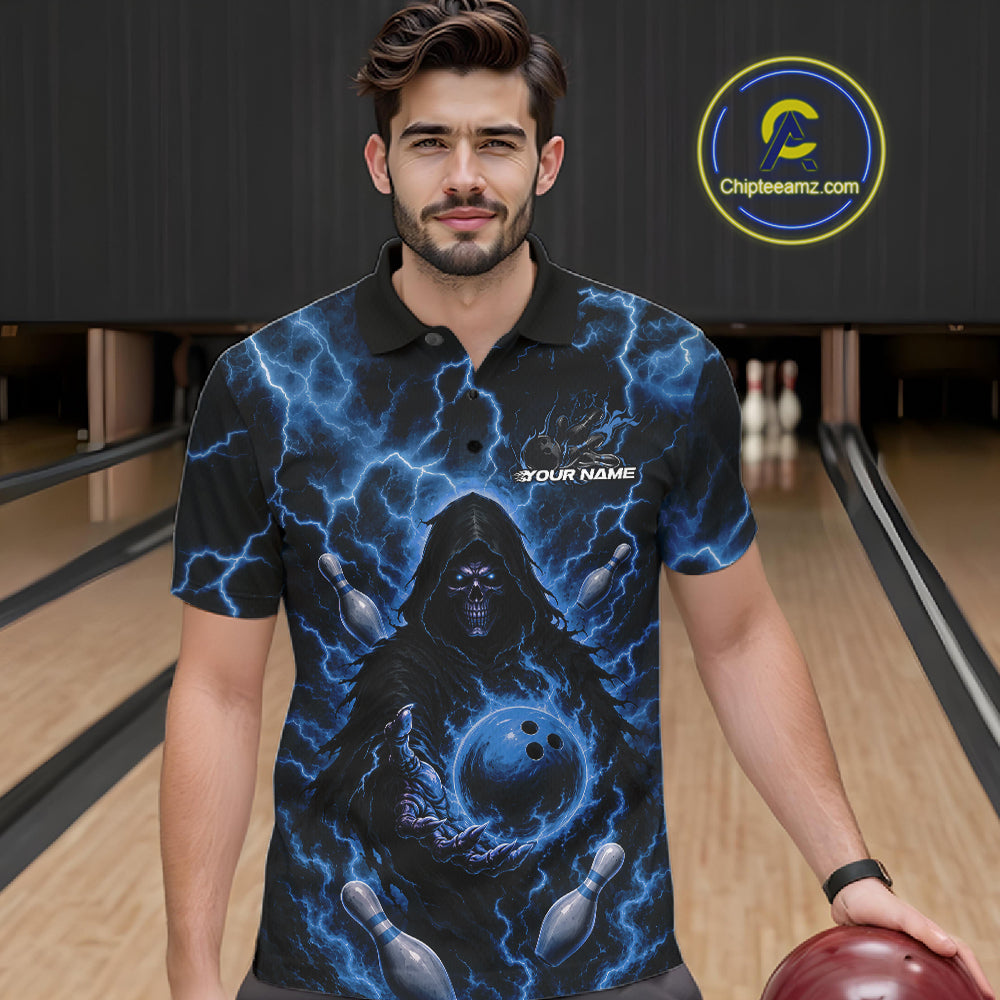 Custom Blue Lightning Grim Reaper Bowling Men Polo Shirt, Halloween Bowler Outfit IPHW11885