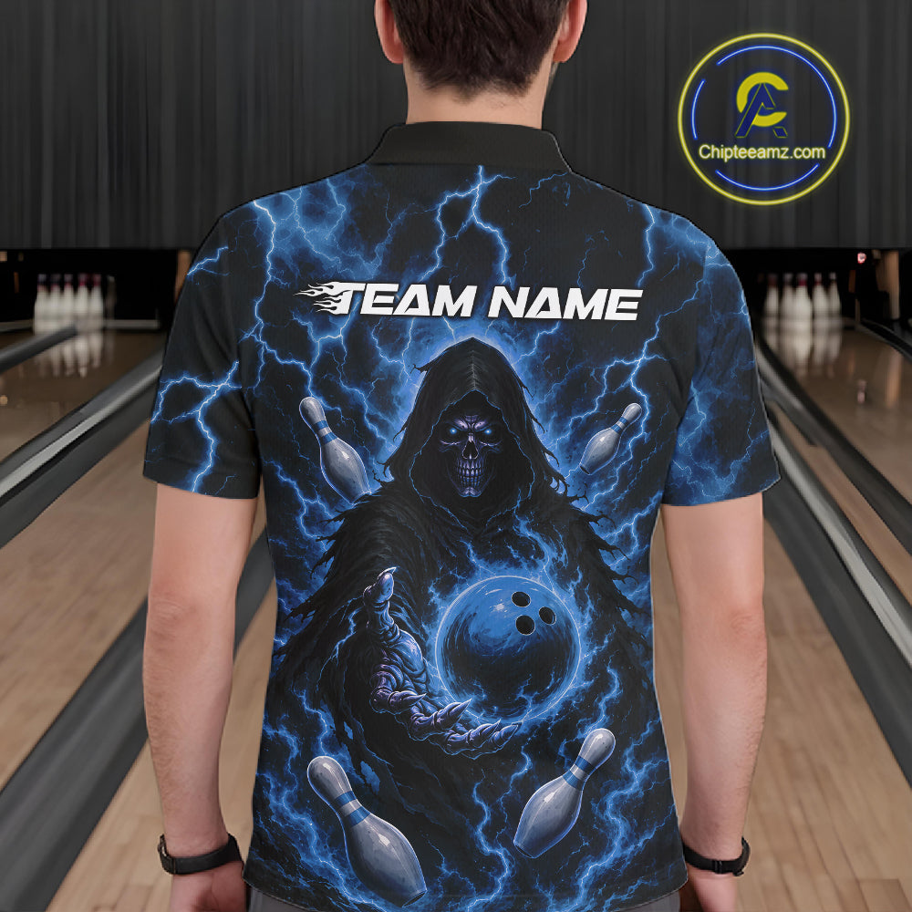 Custom Blue Lightning Grim Reaper Bowling Men Polo Shirt, Halloween Bowler Outfit IPHW11885