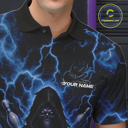 Custom Blue Lightning Grim Reaper Bowling Men Polo Shirt, Halloween Bowler Outfit IPHW11885
