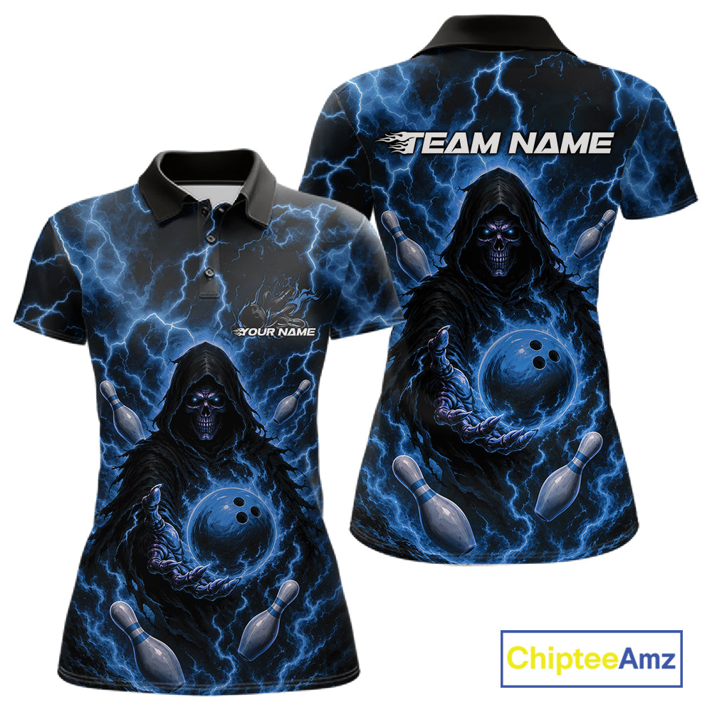 Custom Blue Lightning Grim Reaper Bowling Women Polo Shirt, Halloween Bowler Outfit IPHW11885