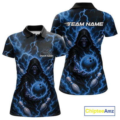 Custom Blue Lightning Grim Reaper Bowling Women Polo Shirt, Halloween Bowler Outfit IPHW11885