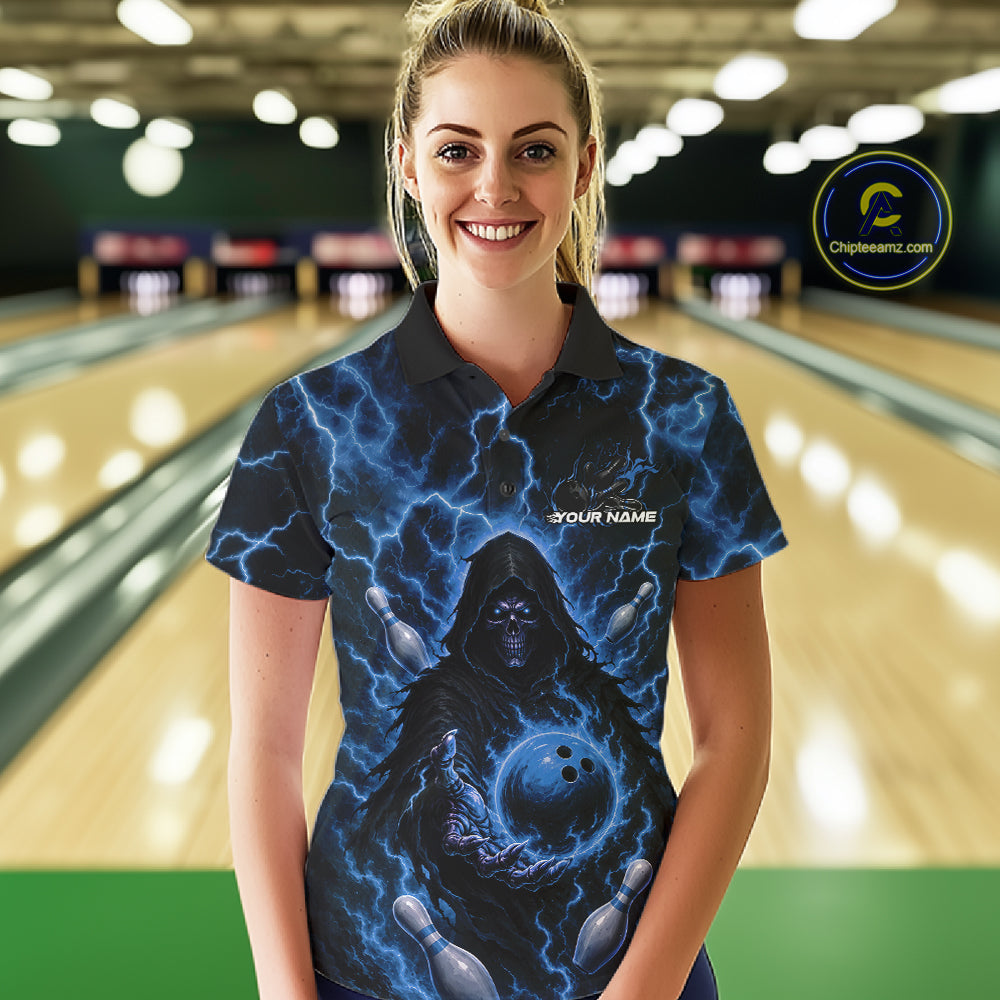 Custom Blue Lightning Grim Reaper Bowling Women Polo Shirt, Halloween Bowler Outfit IPHW11885