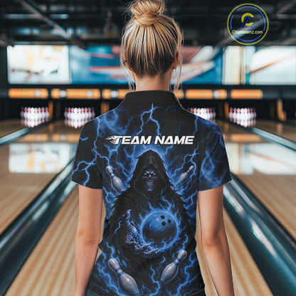 Custom Blue Lightning Grim Reaper Bowling Women Polo Shirt, Halloween Bowler Outfit IPHW11885