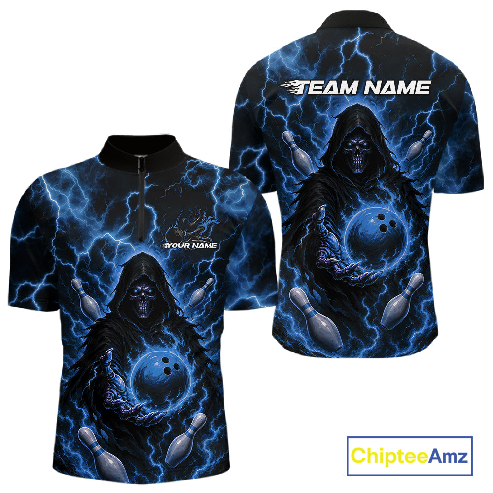 Custom Blue Lightning Grim Reaper Bowling Men Quarter Zip Shirt, Halloween Bowler Outfit IPHW11885