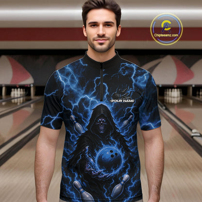 Custom Blue Lightning Grim Reaper Bowling Men Quarter Zip Shirt, Halloween Bowler Outfit IPHW11885